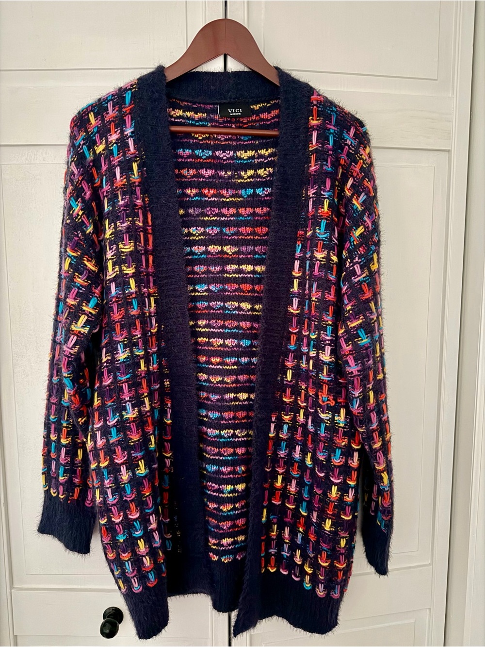 VICI Multicolor Knit Open Cardigan - Navy with Rainbow Accents